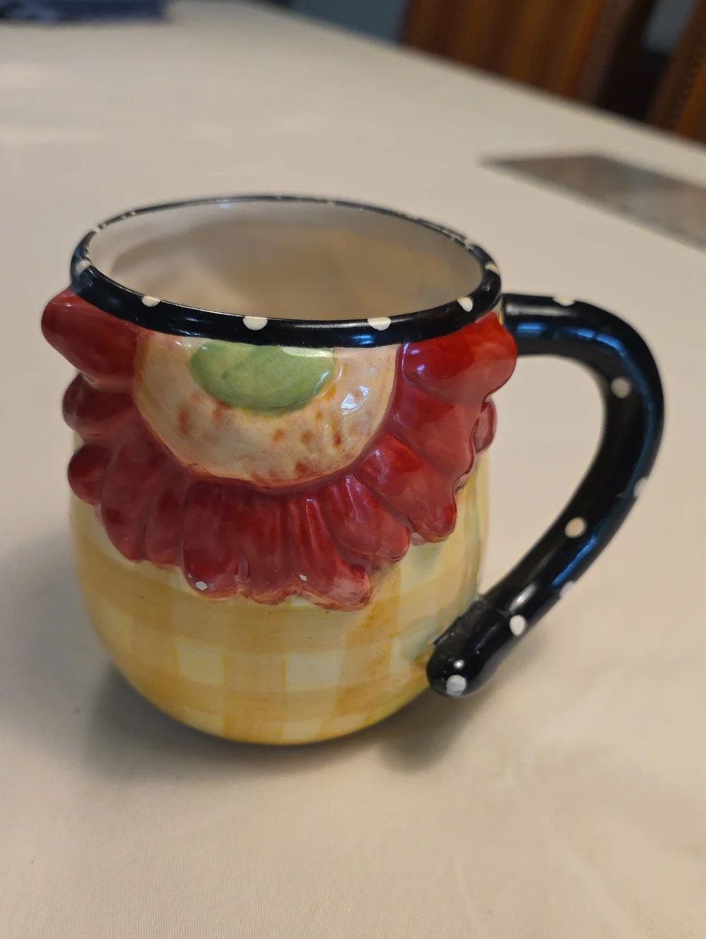 Pier 1 Yellow and Red Floral Ceramic Pitcher with Black Polka Dot Handle